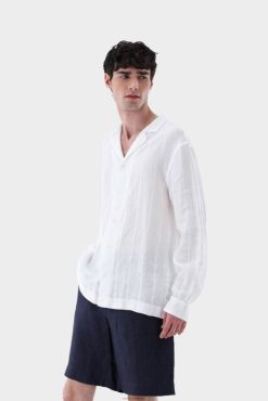 Van Laack Nederland | Van Laack Linnen bowlingshirt met lange mouwen en jacquardstrepen Heren 8668V510