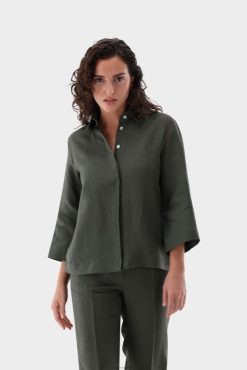 Van Laack Nederland | Van Laack boxy linnen blouse met kanten inzetstukken vrouwen 8668V87