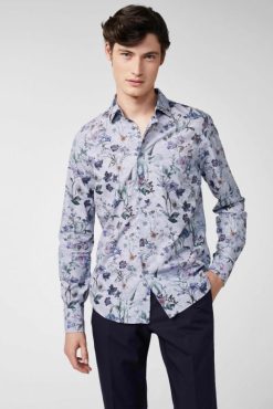 Van Laack Nederland | Van Laack donker katoenen poplin overhemd met vintage denim bloemenprint blauw Heren 8668V559