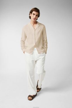 Van Laack Nederland | Van Laack linnen bowlingshirt met lange mouwen shirt beige Heren 8668V488