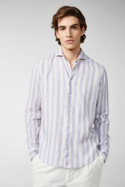 Van Laack Nederland | Van Laack linnen overhemd met tweekleurige streepprint en brede kraag blauw Heren 8668V494